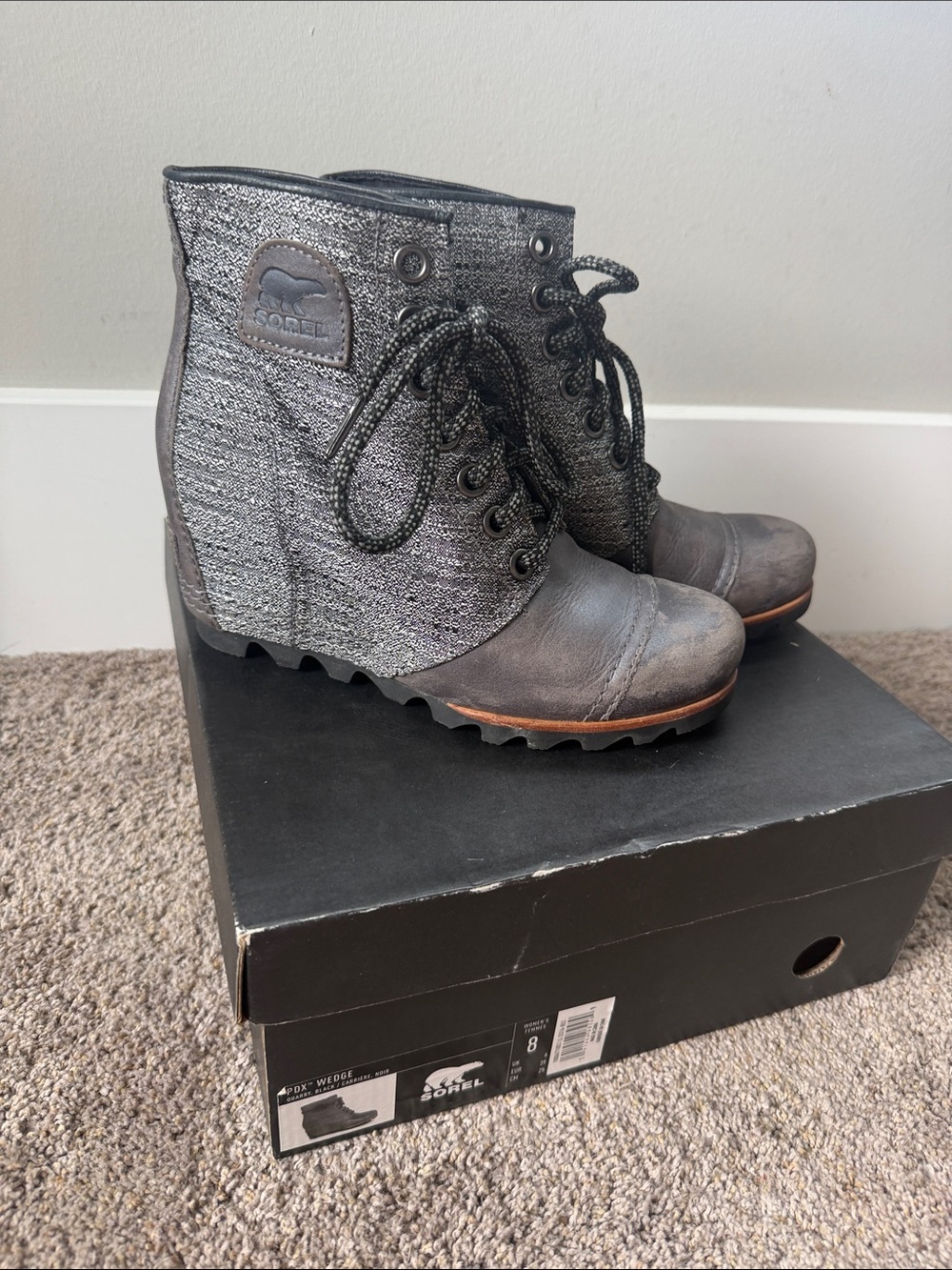 Sorel Gray Lace-Up Wedge Ankle Boots